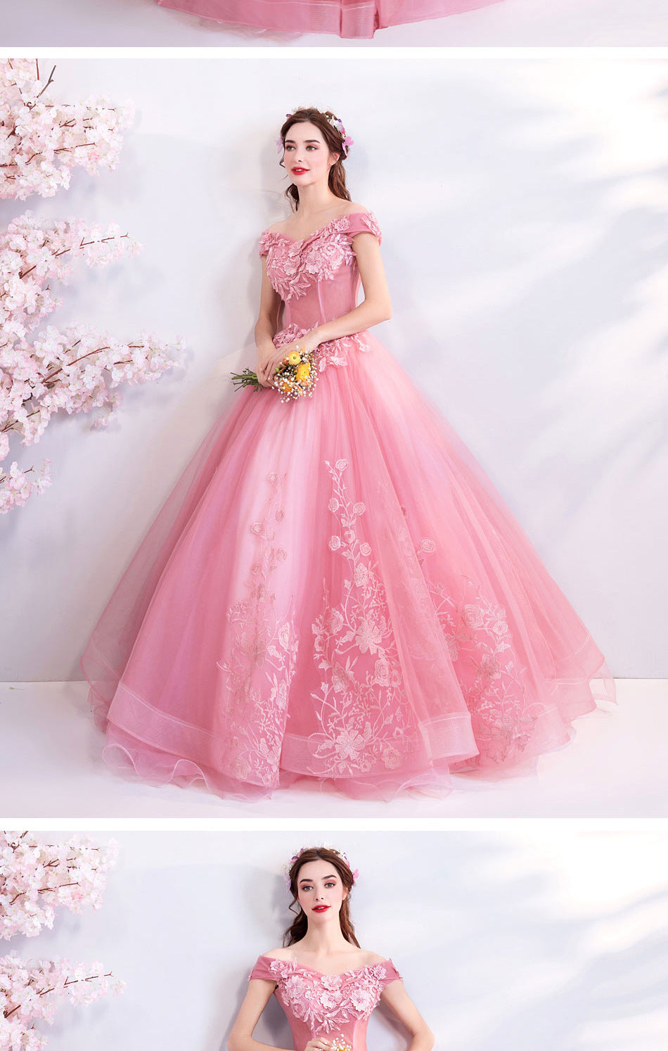 Pink 3D Flowers Evening Dresses