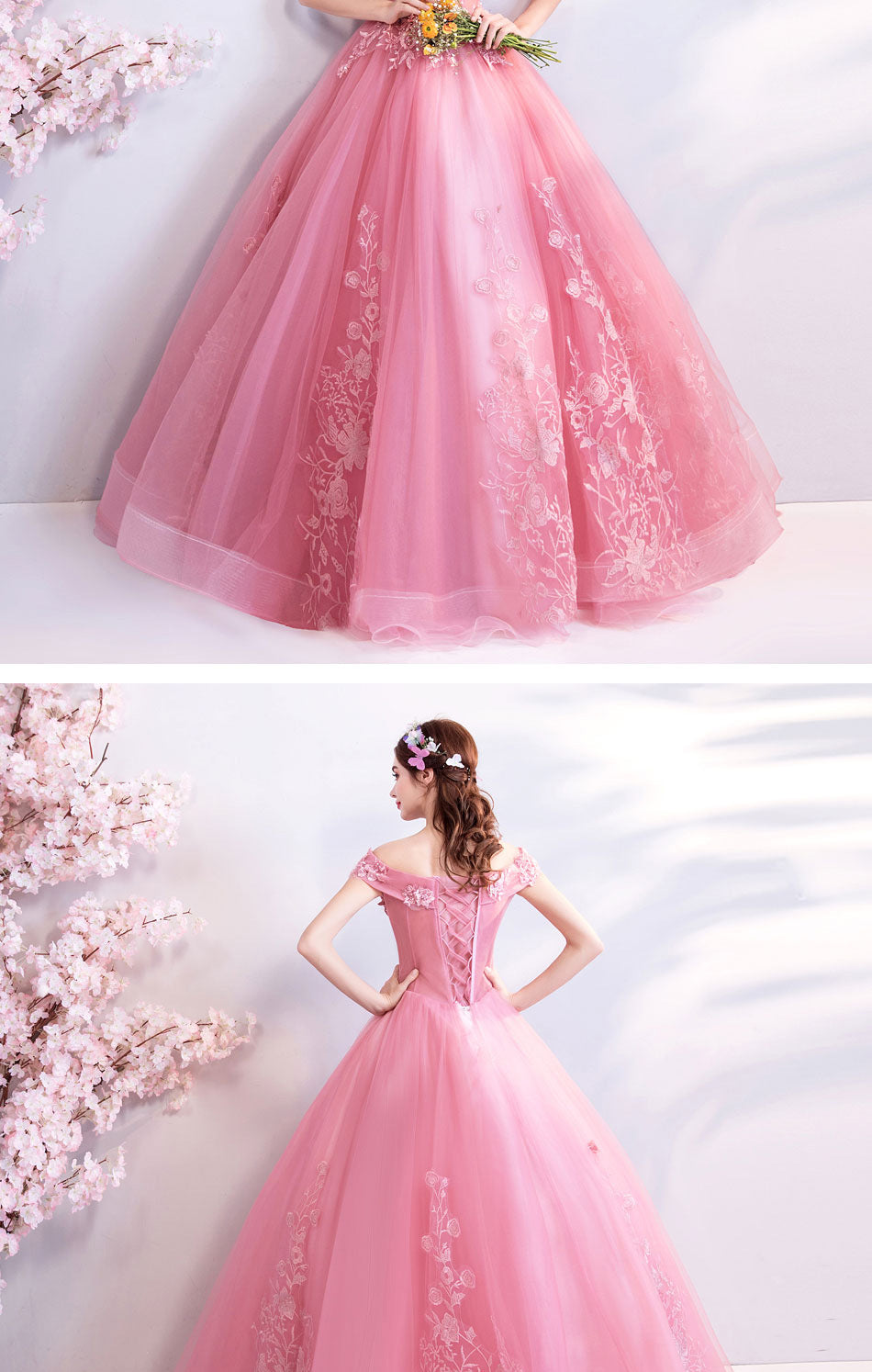 Pink 3D Flowers Evening Dresses