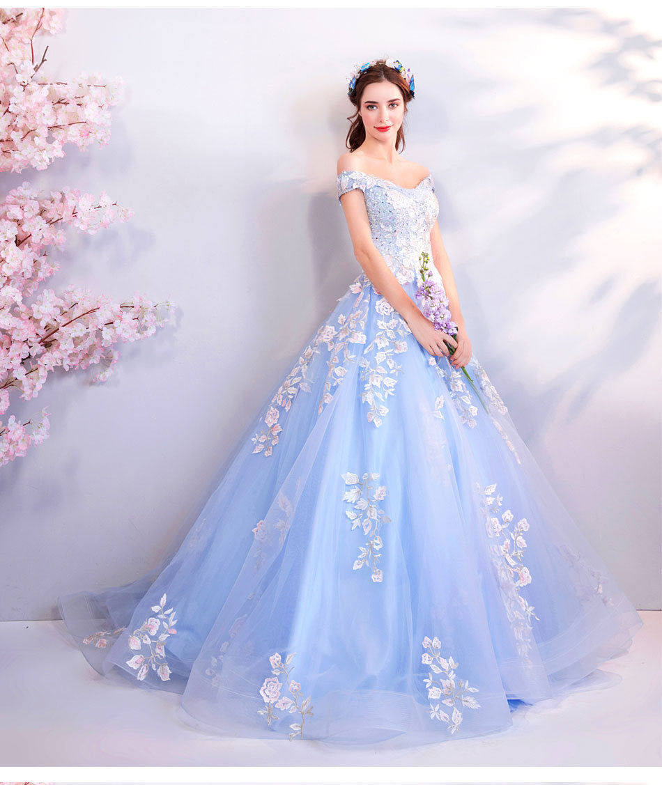 Blue Flower Bridal Gown Long Evening Dresses