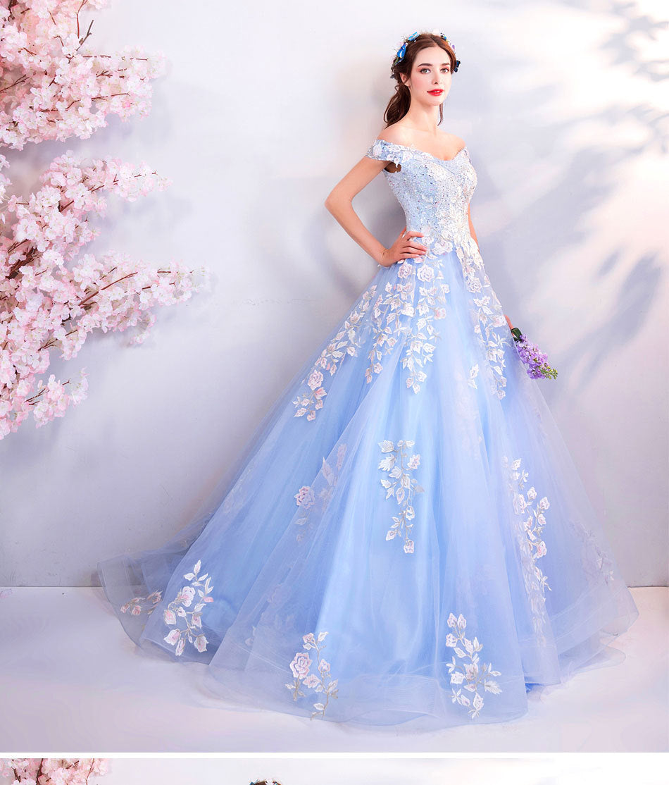 Blue Flower Bridal Gown Long Evening Dresses